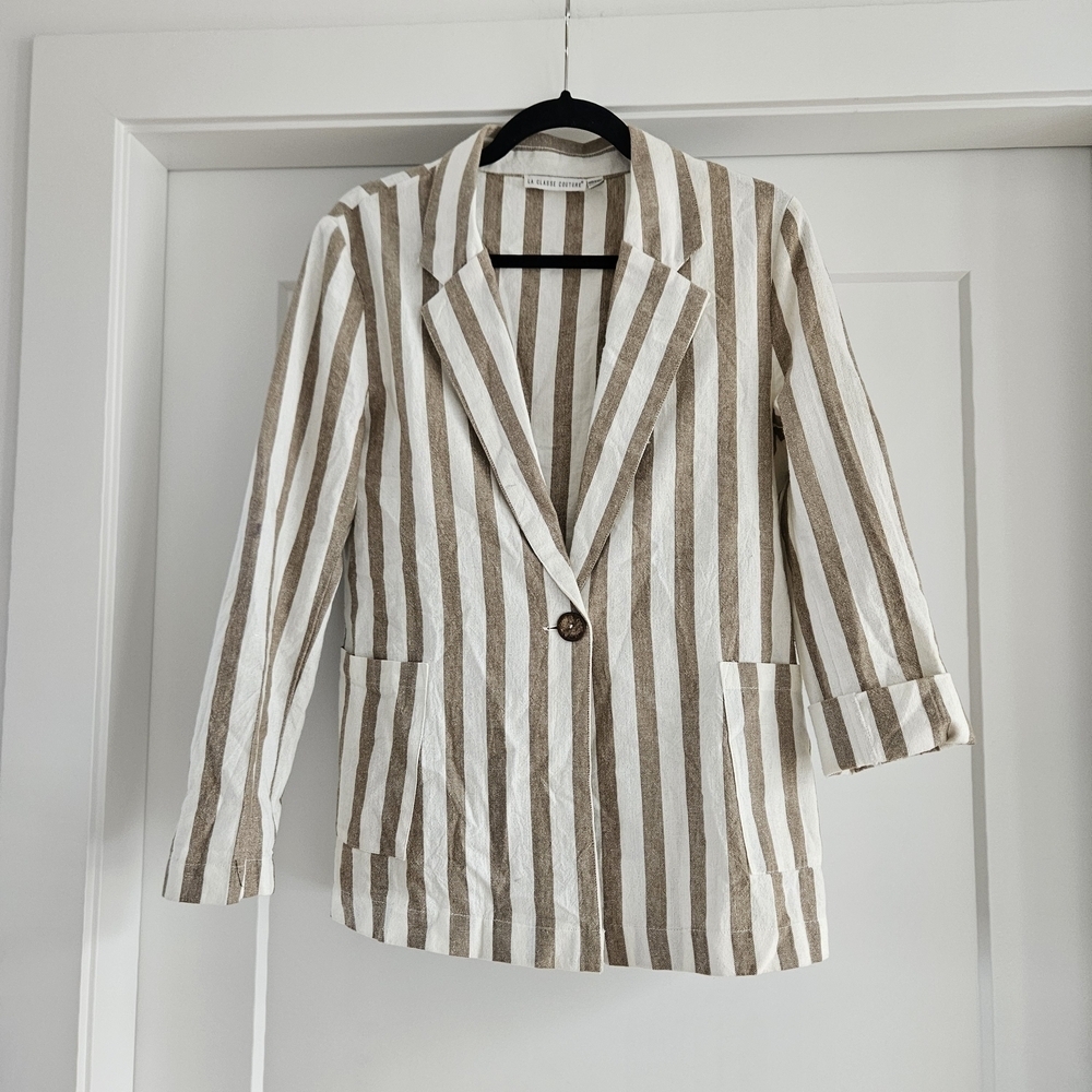 Chic Striped Blazer in Brown and White 100% Cotton Medium